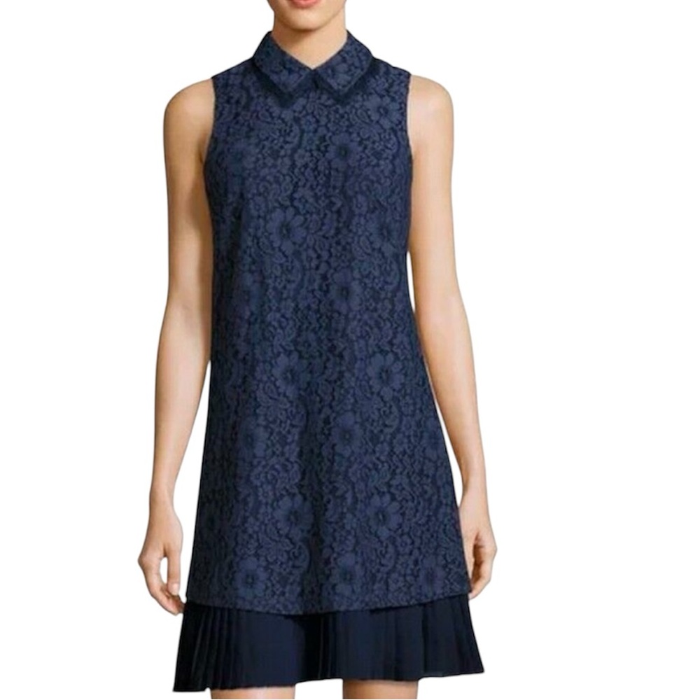 NANETTE LEPORE navy lace shift dress sz14 pleated hem sleeveless collar cocktail